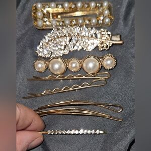 Set of Gold-Tone Hair Clips Embellished with Faux Pearls & Rhinestones BNIB